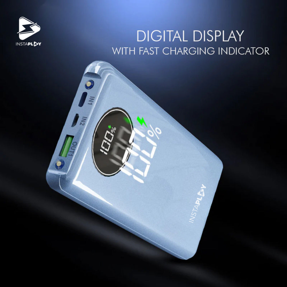 INSTAPLAY DX-114 10000mAh Power Bank, 23W Fast Charging with Type C PD & Built in 3 in 1 Cables, 4 Output & 3 Input, Digital Display (23 W, Power Delivery, Blue)