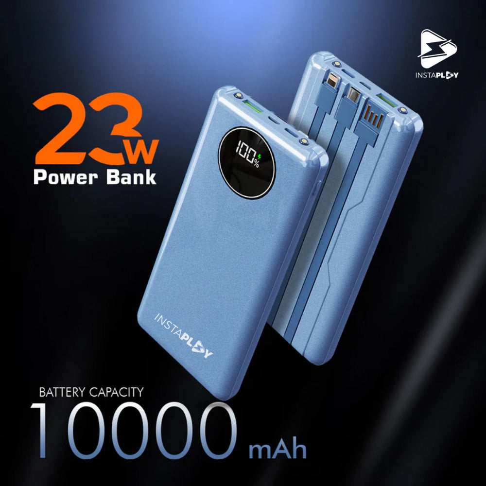 INSTAPLAY DX-114 10000mAh Power Bank, 23W Fast Charging with Type C PD & Built in 3 in 1 Cables, 4 Output & 3 Input, Digital Display (23 W, Power Delivery, Blue)