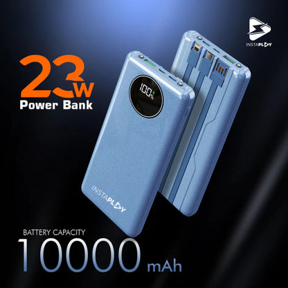 INSTAPLAY DX-114 10000mAh Power Bank, 23W Fast Charging with Type C PD & Built in 3 in 1 Cables, 4 Output & 3 Input, Digital Display (23 W, Power Delivery, Blue)