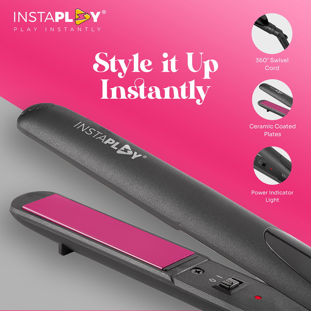 Instaplay 2-in-1 Hair Straightener and Curler (Pink) | Ceramic Coated Quick Heat-Up Styling Tool with 360° Swivel Cord