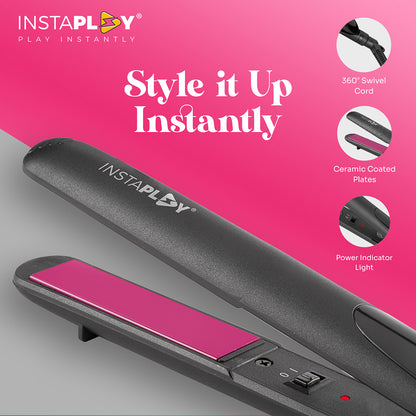 Instaplay 2-in-1 Hair Straightener and Curler (Pink) | Ceramic Coated Quick Heat-Up Styling Tool with 360° Swivel Cord